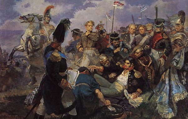 Смертельное ранение генерала Багратиона на Бородинском поле. Художник А. Вепхадзе. 1948 г.